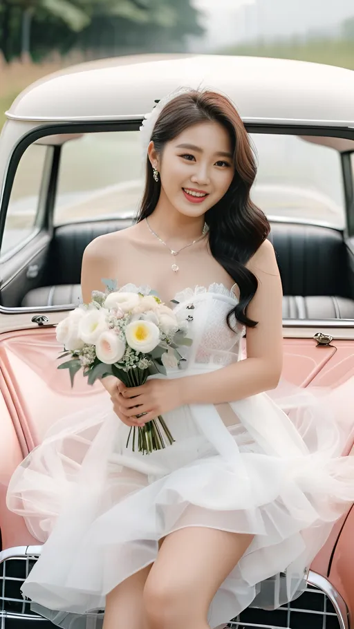 Prompt: Cute and glamorous 20-something Korean woman, very beautiful, baby face
Photoshoot wearing see-through mini wedding dress, garter belt, and high heels
Smiling expression
Outfit that emphasizes glamorous body
Clothing is a bit small
Chest sticks out
Holding a small bouquet in one hand.
A dazzlingly beautiful Korean woman in her 20s taking off her wedding dress in a classic car.
Thighs visible
Wearing a garter belt
splash art, hyper detailed, ultra realistic, highly detailed, surreal heavy mist, AI defined exquisitely beautiful, totally ultra realistic young adult Korean, gorgeously detailed facial features, sumptuous cleavage, perfect body proportions, ultra pale, ultra glamorous, perfect shading, impeccable contrast, HDR, UHD, high res, 64k