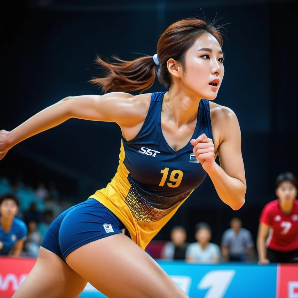 Prompt: full body of ultra glamorous korean volleyball player, full body shot, Sweat running down one's face, Sweat running down her sternum

perfect shading, impeccable contrast, HDR, UHD, high res, 64k