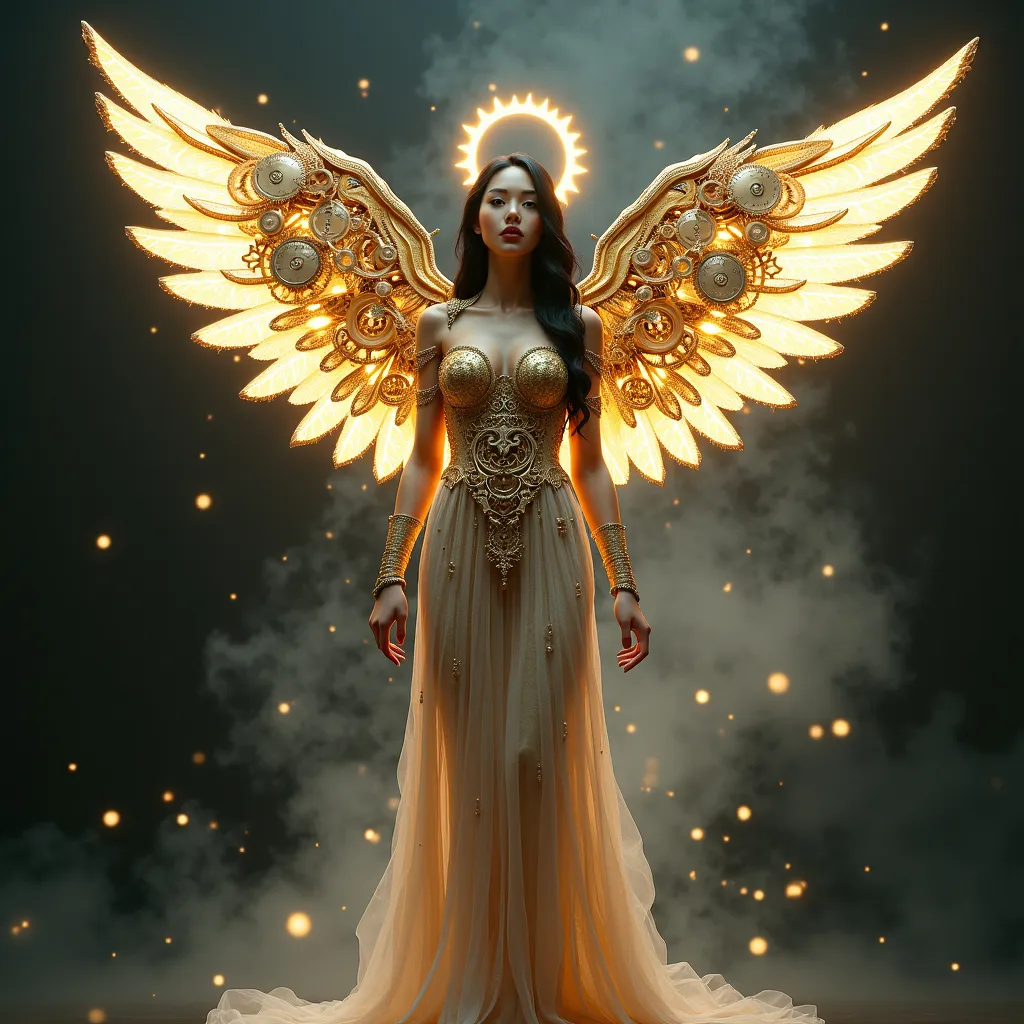 Prompt: (Clockwork angel), intricate mechanical wings, elegant gears intertwined, clockwork clothing and shoes, golden patina, ethereal glow, wisps of steam, serene expression, halo of delicate cogs, set against a dark atmospheric background, faint glimmering lights illuminating, mystical, enchanting, highly detailed, fantasy art style, invoking a sense of wonder, 4K, ultra-detailed.
hyper detailed, ultra realistic, highly detailed, AI defined exquisitely beautiful, totally ultra realistic young adult Korean, gorgeously detailed facial features, sumptuous cleavage, perfect body proportions, ultra pale, ultra glamorous, perfect shading, impeccable contrast, HDR, UHD, high res, 64k