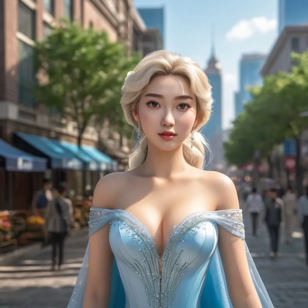 Prompt: Full body shot of Elsa wearing, in the city
AI defined exquisitely beautiful, totally ultra realistic young adult Korean, gorgeously detailed facial features, sumptuous cleavage, perfect body proportions, ultra pale, ultra glamorous, perfect shading, impeccable contrast, HDR, UHD, high res, 64k