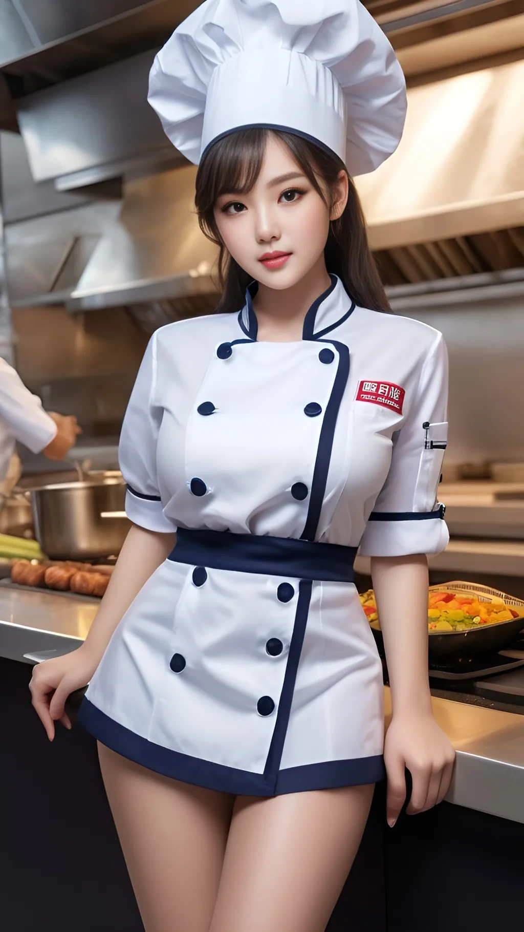 Prompt: Cute and glamorous, very beautiful, baby face, Thighs visible
Wearing a chef Uniform
splash art, hyper detailed, ultra realistic, highly detailed, surreal heavy mist, AI defined exquisitely beautiful, totally ultra realistic young adult Korean, gorgeously detailed facial features, sumptuous cleavage, perfect body proportions, ultra pale, ultra glamorous, perfect shading, impeccable contrast, HDR, UHD, high res, 64k