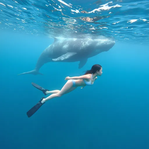 Prompt: A Korean woman in her 20s wearing a bikini and flippers and swimming in the ocean, 
a whale passes by the woman as she swims.
long hair, Beautiful underwater world, Snorkeling, solo, summer\(season\), sea, pure appearance, pale skin, full bosy shot, Dynamic photos, fantastic photos, Professional photo, 
totally ultra realistic young adult Korean, gorgeously detailed facial features, sumptuous cleavage, perfect body proportions, ultra pale, ultra glamorous, perfect shading, impeccable contrast, HDR, UHD, high res, 64k