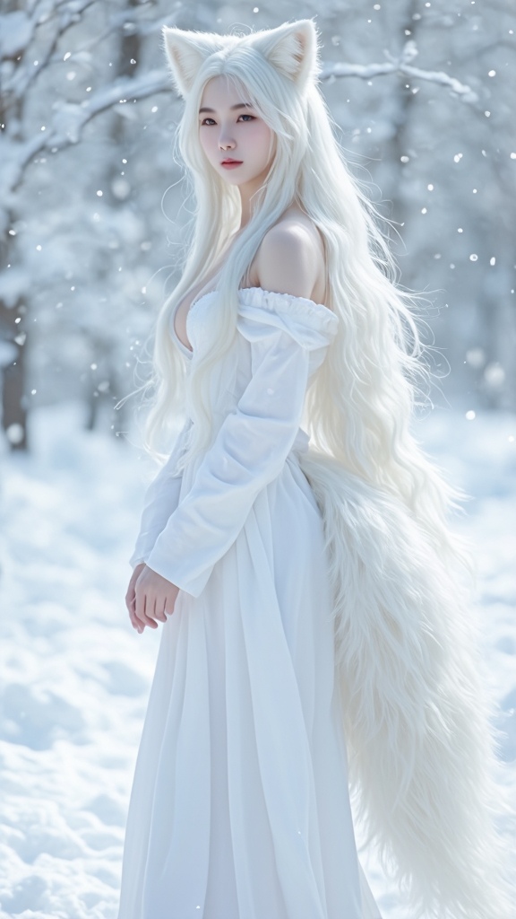 Prompt: Gumiho, human-shaped nine-tailed fox, beautiful appearance, captivating appearance, bewitching expression, dazzlingly beautiful face, pale skin, white hair, white clothes, full body, no shoes, bare feet, side view, nine tails, soft tail hair, shiny tail hair, 
enchanting atmosphere, cold winter day, snow, snow sparkling, 
totally ultra realistic young adult Korean, gorgeously detailed facial features, sumptuous cleavage, perfect body proportions, ultra pale, ultra glamorous, perfect shading, impeccable contrast, HDR, UHD, high res, 64k