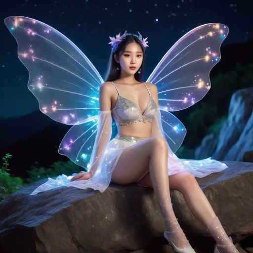 Prompt: fantastic fantasy art, young korean woman with gigantic colourful semi-transparent fairy wings, tight pearly outfit (short skirt, crop-top, belly-baring, decollete), sitting on a rock with spreded wide open legs, arms casually resting on her knees, beaded white decorated stockings, chubby thighs, dark night with a magnificent starry sky in the background, hard spotlight lighting giving the picture a certain drama.
AI defined exquisitely beautiful, totally ultra realistic young adult Korean, gorgeously detailed facial features, sumptuous cleavage, perfect body proportions, ultra pale, ultra glamorous, perfect shading, impeccable contrast, HDR, UHD, high res, 64k