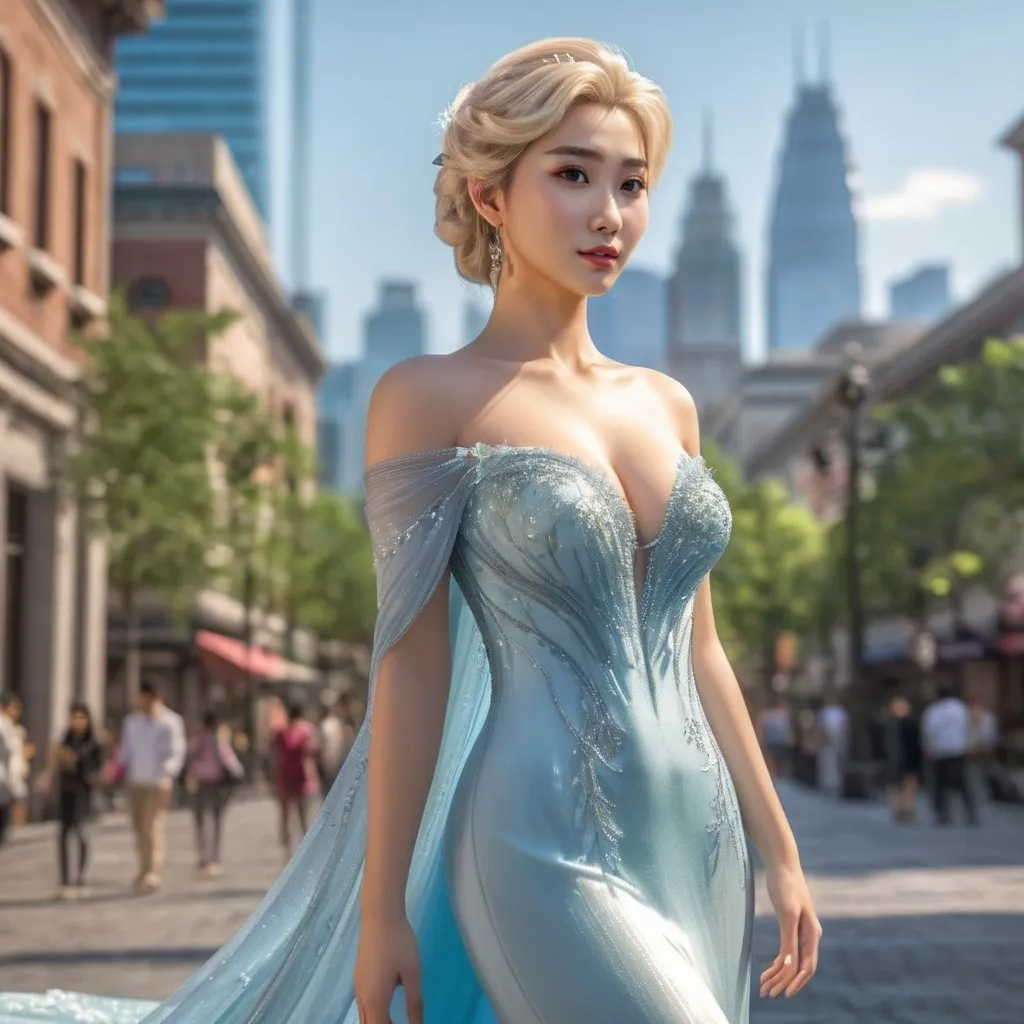 Prompt: Full body shot of Elsa wearing, in the city
AI defined exquisitely beautiful, totally ultra realistic young adult Korean, gorgeously detailed facial features, sumptuous cleavage, perfect body proportions, ultra pale, ultra glamorous, perfect shading, impeccable contrast, HDR, UHD, high res, 64k