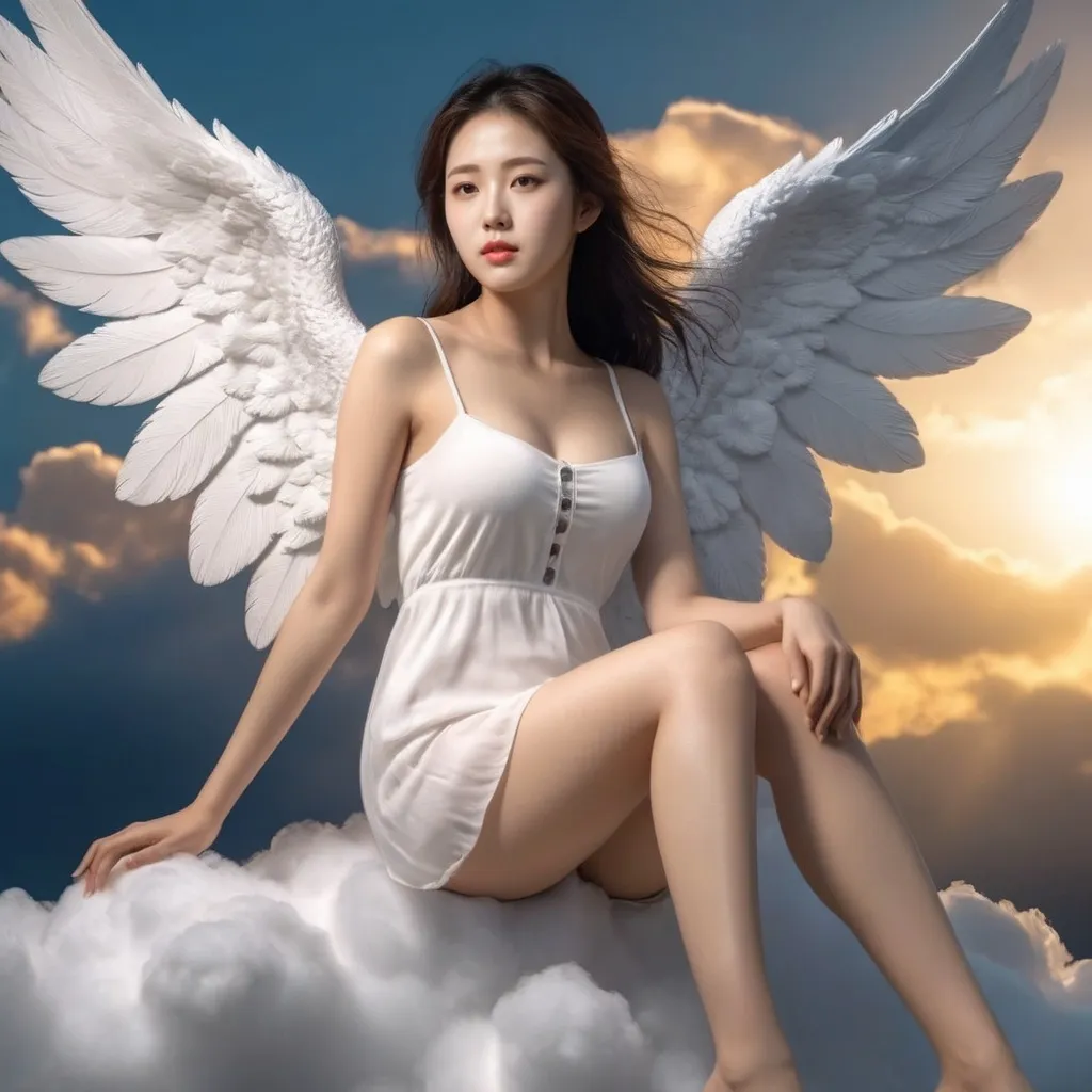 Prompt: A Korean woman angel sitting on a cloud on a sky wearing only a slips, full body, photo, 
visible thighs, hyper detailed, ultra realistic, highly detailed, AI defined exquisitely beautiful, totally ultra realistic young adult Korean, gorgeously detailed facial features, perfect body proportions, ultra pale, ultra glamorous, HDR, UHD, high res, 64k, cinematic lighting, special effects, hd octaneArtgerm