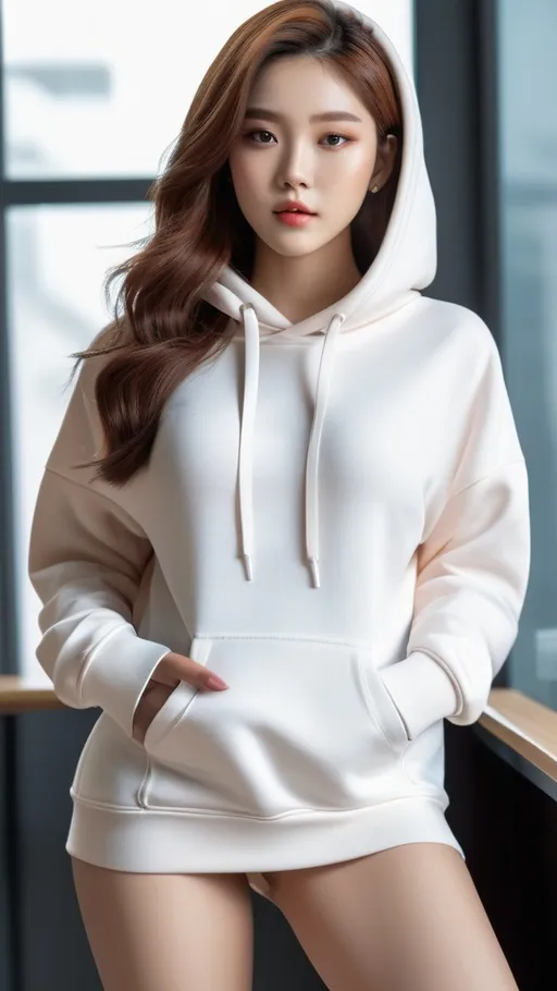 Prompt: No bottoms, 
oversized hoodie that reaches down to the knees, 
Outfit that emphasizes her glamorous body, full body, huge chest. AI defined exquisitely beautiful, totally ultra realistic young adult Korean, gorgeously detailed facial features, perfect body proportions, ultra pale, ultra glamorous, perfect shading, impeccable contrast, HDR, UHD, high res, 64k