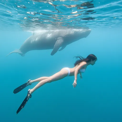 Prompt: A Korean woman in her 20s wearing a bikini and flippers and swimming in the ocean, 
a whale passes by the woman as she swims.
long hair, Beautiful underwater world, Snorkeling, solo, summer\(season\), sea, pure appearance, pale skin, full bosy shot, Dynamic photos, fantastic photos, Professional photo, 
totally ultra realistic young adult Korean, gorgeously detailed facial features, sumptuous cleavage, perfect body proportions, ultra pale, ultra glamorous, perfect shading, impeccable contrast, HDR, UHD, high res, 64k