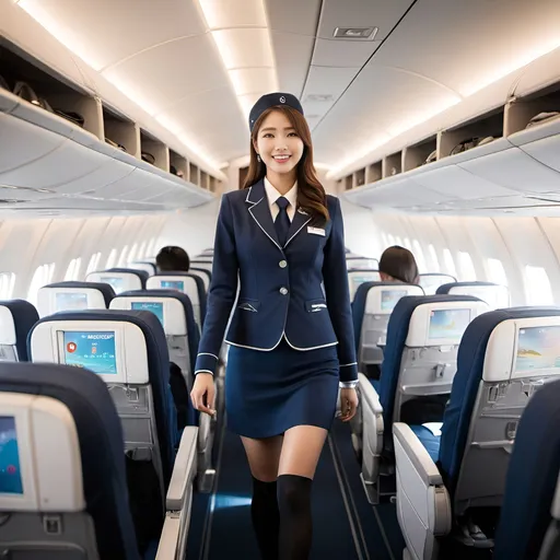 Prompt: Inside an airplane's first-class cabin ready for takeoff, featuring three cute and glamorous Korean flight attendants in their 20s with huge chests, wearing high-quality, stylish uniforms with knee-high socks. They are smiling brightly. The interior of the airplane's first-class cabin is modern and well-lit, with luxurious seating and overhead compartments. The flight attendants are creating a welcoming atmosphere.
totally ultra realistic young adult Korean, gorgeously detailed facial features, sumptuous cleavage, perfect body proportions, ultra pale, ultra glamorous, perfect shading, impeccable contrast, HDR, UHD, high res, 64k