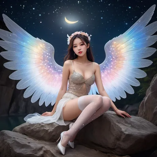 Prompt: fantastic fantasy art, young korean woman with gigantic colourful semi-transparent angel wings, tight pearly outfit (short skirt, crop-top, belly-baring, decollete), sitting on a rock with spreded wide open legs, arms casually resting on her knees, beaded white decorated stockings, chubby thighs, dark night with a magnificent starry sky in the background, hard spotlight lighting giving the picture a certain drama.
AI defined exquisitely beautiful, totally ultra realistic young adult Korean, gorgeously detailed facial features, sumptuous cleavage, perfect body proportions, ultra pale, ultra glamorous, chubby, fat, perfect shading, impeccable contrast, HDR, UHD, high res, 64k