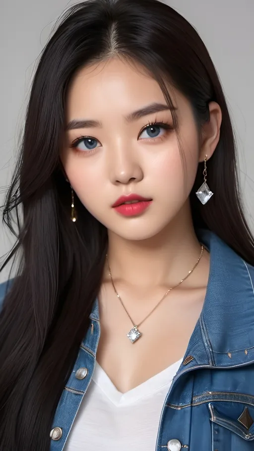 Prompt: Beautiful korean Girl with jacket and jeans and loose long full shirt and long black hair  small chest and beautiful diamond necklace blue eyes 
And she's confident in herself she is a teenager and she's looking at me bravely lipstick eyeliner and she's cool 

