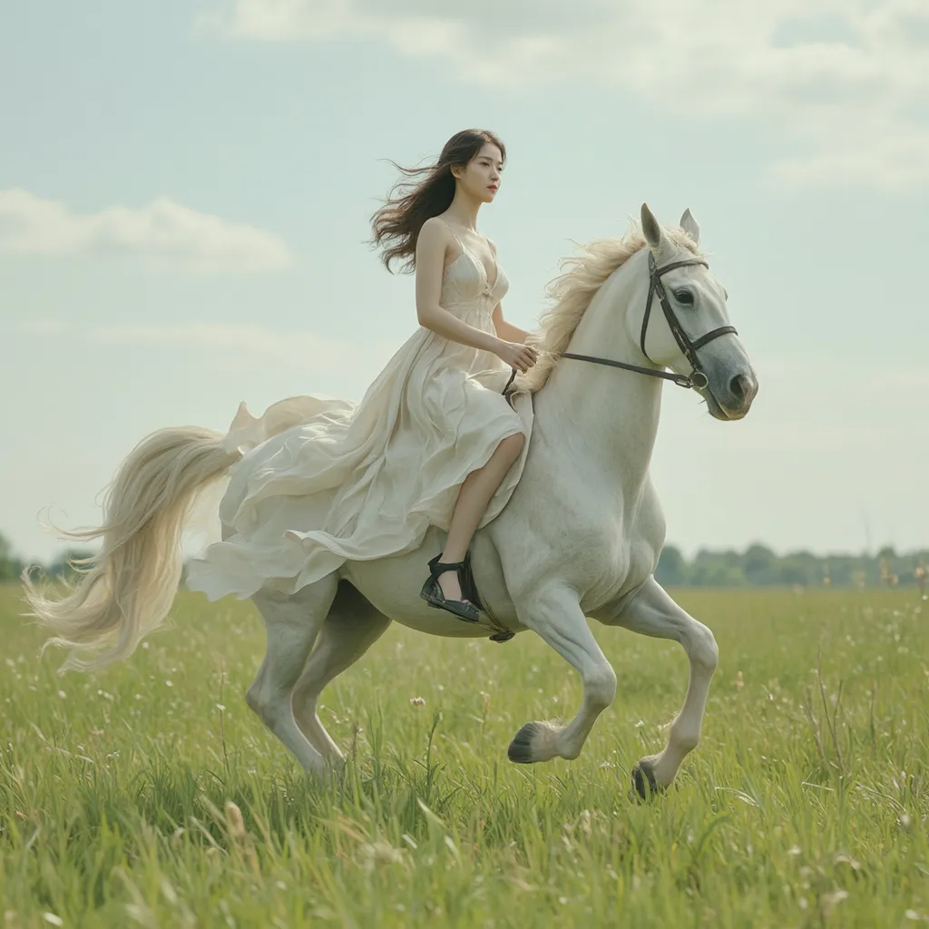 Prompt: Cute 20-something Korean woman riding a horse in a dress.
Dress blowing in the wind, firm abs and thighs, no shoes, horse running through green fields, 
hyper detailed, ultra realistic, highly detailed, AI defined exquisitely beautiful, totally ultra realistic young adult Korean, gorgeously detailed facial features, sumptuous cleavage, perfect body proportions, ultra pale, ultra glamorous, HDR, UHD, high res, 64k, cinematic lighting, special effects, hd octaneArtgerm
