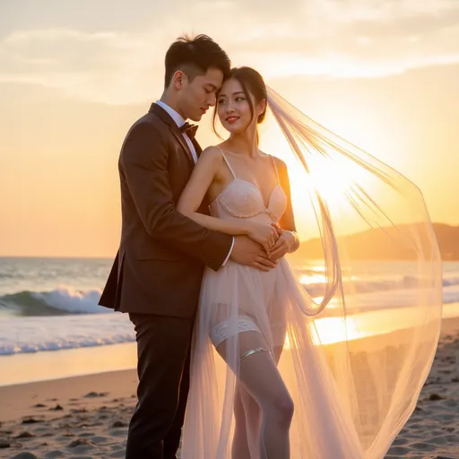 Prompt: Sunset over the sea, sunset, warm feeling,
A Korean groom and bride are having their wedding photoshoot on a windy beach. 

The groom is holding the bride's waist with one hand.
The groom is wearing a tight-fitting suit.

The bride is wearing a see-through mini wedding dress.
She is wearing stockings, a garter belt, and a veil.
The veil and dress are blowing in the wind.
hyper detailed, ultra realistic, highly detailed, AI defined exquisitely beautiful, totally ultra realistic young adult Korean, gorgeously detailed facial features, perfect body proportions, ultra pale, ultra glamorous, HDR, UHD, high res, 64k, cinematic lighting, special effects, hd octaneArtgerm
