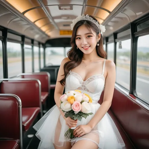 Prompt: Cute and glamorous Korean woman in her 20s During a photoshoot wearing a see-through mini wedding dress, garter belt, and high heels Hairband on her head Smiling expression Outfit that emphasizes her glamorous body Clothing is a bit small Chest sticks out Holding a small bouquet in one hand. During a photoshoot on a classic bus. Thighs visible Wearing a garter belt

AI defined exquisitely beautiful, totally ultra realistic young adult Korean, gorgeously detailed facial features, sumptuous cleavage, perfect body proportions, ultra pale, ultra glamorous, perfect shading, impeccable contrast, HDR, UHD, high res, 64k