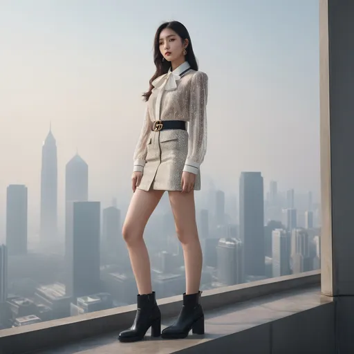 Prompt: korean Gucci clothing model in advertisement, ankle boots, 
She stands on top of a skyscraper and looks out over the city.
Sunny weather,

Full body shot, hyper detailed, ultra realistic, highly detailed, surreal heavy mist, AI defined exquisitely beautiful, totally ultra realistic young adult Korean, gorgeously detailed facial features, perfect body proportions, ultra pale, ultra glamorous, perfect shading, impeccable contrast, HDR, UHD, high res, 64k