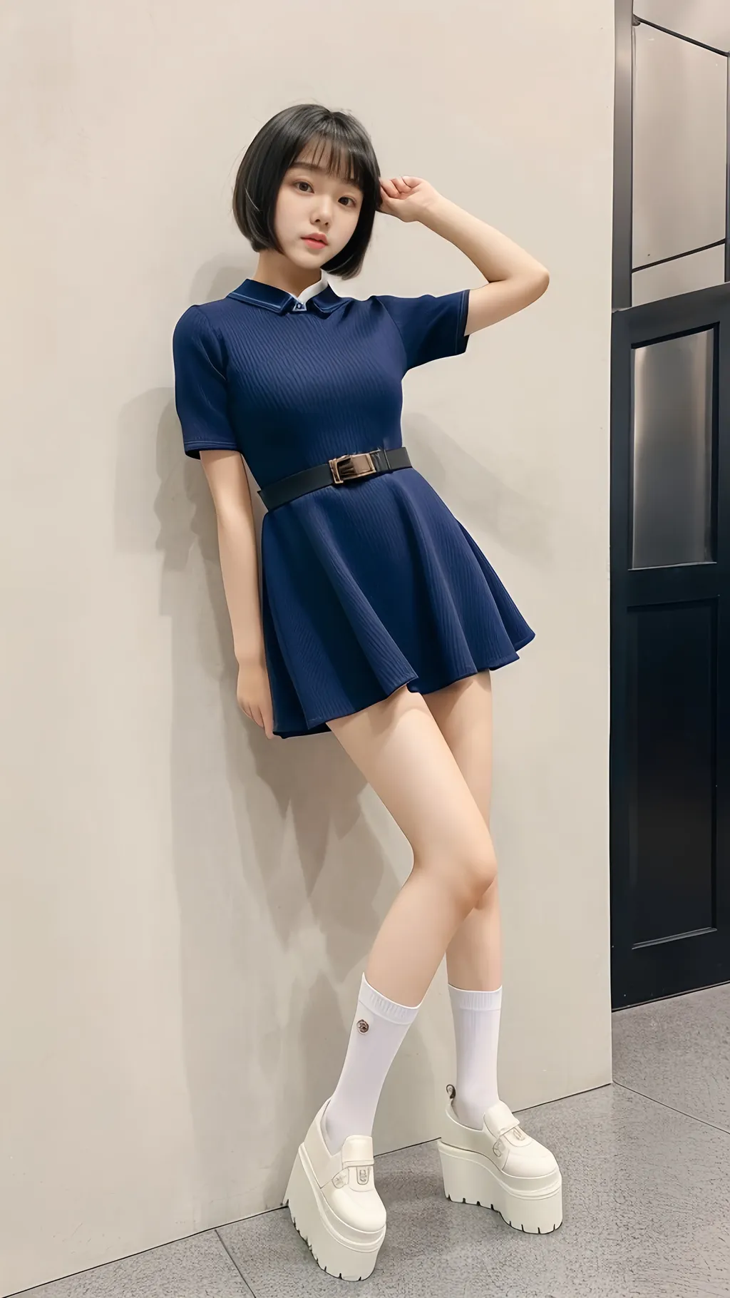 Prompt: 15 year old super cute Korean girl, mini dress, model, model pose, child model, 4K, 8K, high quality, high quality details, raw short hair, bang hair, slender, knee high socks, 5 inch platform flat shoes, chubby thighs, slim body