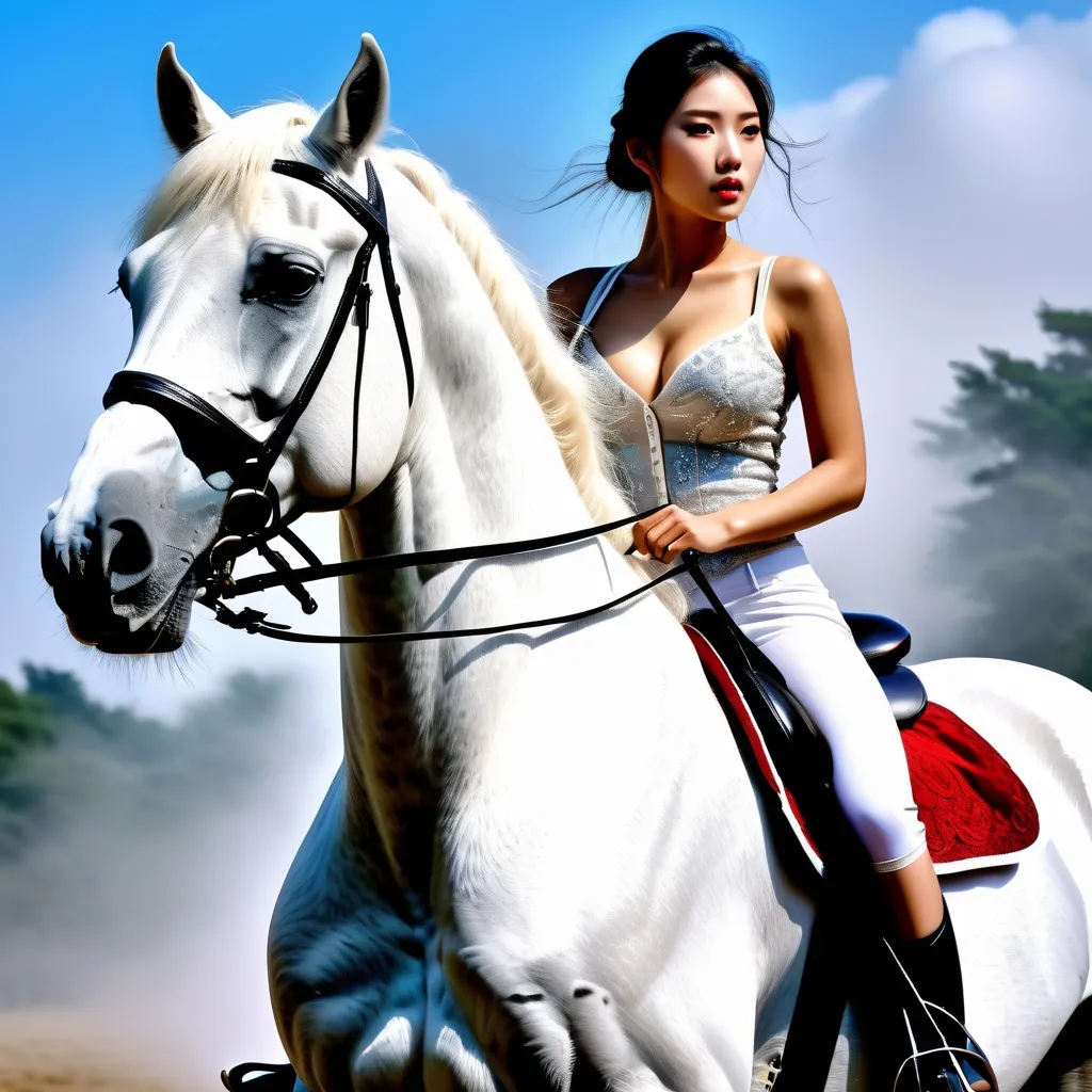 Prompt: Beautiful woman riding a white horse,
hyper detailed, ultra realistic, highly detailed, surreal heavy mist, AI defined exquisitely beautiful, totally ultra realistic young adult Korean, gorgeously detailed facial features, sumptuous cleavage, perfect body proportions, ultra pale, ultra glamorous, perfect shading, impeccable contrast, HDR, UHD, high res, 64k