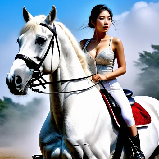 Prompt: Beautiful woman riding a white horse,
hyper detailed, ultra realistic, highly detailed, surreal heavy mist, AI defined exquisitely beautiful, totally ultra realistic young adult Korean, gorgeously detailed facial features, sumptuous cleavage, perfect body proportions, ultra pale, ultra glamorous, perfect shading, impeccable contrast, HDR, UHD, high res, 64k