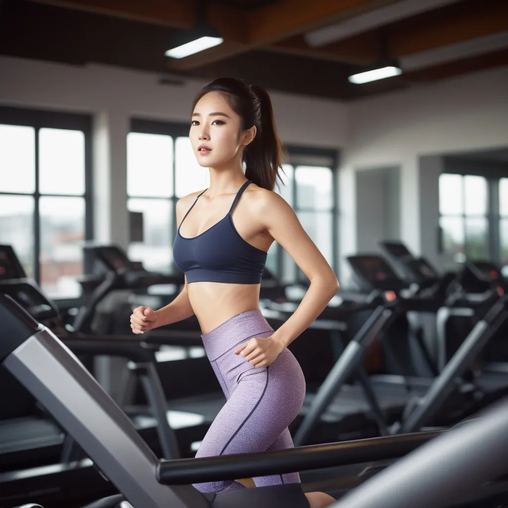 Prompt: A glamorous Korean woman in her 20s running on a treadmill at the gym wearing leggings and a strapless top.