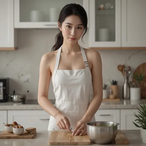 Prompt: A Korean woman in her 20s cooking in the kitchen wearing only an apron. full body, photo, 
visible thighs, hyper detailed, ultra realistic, highly detailed, AI defined exquisitely beautiful, totally ultra realistic young adult Korean, gorgeously detailed facial features, sumptuous cleavage, perfect body proportions, ultra pale, ultra glamorous, HDR, UHD, high res, 64k, cinematic lighting, special effects, hd octaneArtgerm