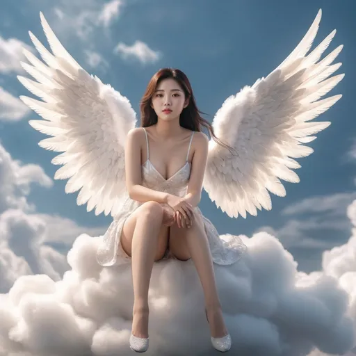Prompt: A Korean woman angel sitting on a cloud on a sky wearing only a slips, full body, photo, 
visible thighs, hyper detailed, ultra realistic, highly detailed, AI defined exquisitely beautiful, totally ultra realistic young adult Korean, gorgeously detailed facial features, perfect body proportions, ultra pale, ultra glamorous, HDR, UHD, high res, 64k, cinematic lighting, special effects, hd octaneArtgerm