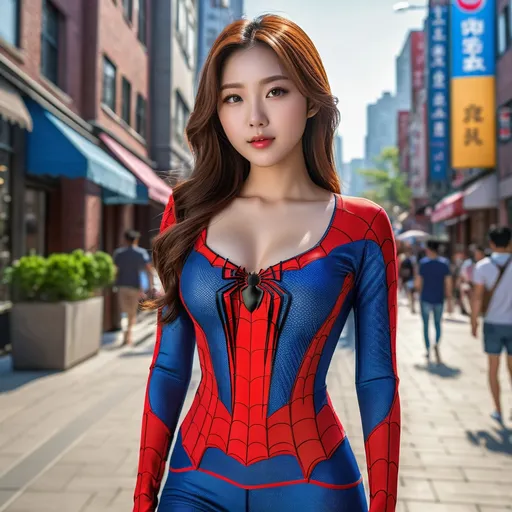 Prompt: Full body shot of Spidergirl wearing only a top, in the city
AI defined exquisitely beautiful, totally ultra realistic young adult Korean, gorgeously detailed facial features, sumptuous cleavage, perfect body proportions, ultra pale, ultra glamorous, perfect shading, impeccable contrast, HDR, UHD, high res, 64k