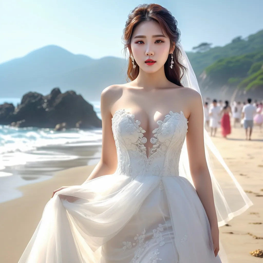 Prompt: splash art, hyper detailed, ultra realistic, highly detailed, surreal heavy mist, AI defined exquisitely beautiful, totally ultra realistic young adult Korean, gorgeously detailed facial features, sumptuous cleavage, perfect body proportions, ultra pale, ultra glamorous bride, walking in a crowded beach, Wet feet and dress, 

HDR, UHD, high res, 64k, cinematic lighting, special effects, hd octaneArtgerm