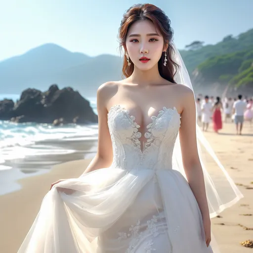 Prompt: splash art, hyper detailed, ultra realistic, highly detailed, surreal heavy mist, AI defined exquisitely beautiful, totally ultra realistic young adult Korean, gorgeously detailed facial features, sumptuous cleavage, perfect body proportions, ultra pale, ultra glamorous bride, walking in a crowded beach, Wet feet and dress, 

HDR, UHD, high res, 64k, cinematic lighting, special effects, hd octaneArtgerm