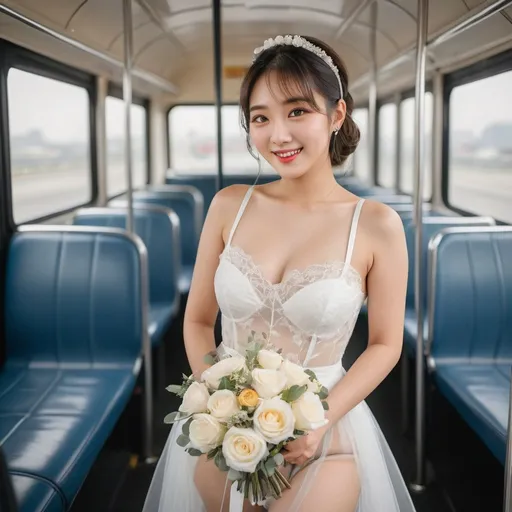 Prompt: Cute and glamorous Korean woman in her 20s During a photoshoot wearing a see-through mini wedding dress, garter belt, and high heels Hairband on her head Smiling expression Outfit that emphasizes her glamorous body Clothing is a bit small Chest sticks out Holding a small bouquet in one hand. During a photoshoot on a classic bus. Thighs visible Wearing a garter belt

AI defined exquisitely beautiful, totally ultra realistic young adult Korean, gorgeously detailed facial features, sumptuous cleavage, perfect body proportions, ultra pale, ultra glamorous, perfect shading, impeccable contrast, HDR, UHD, high res, 64k