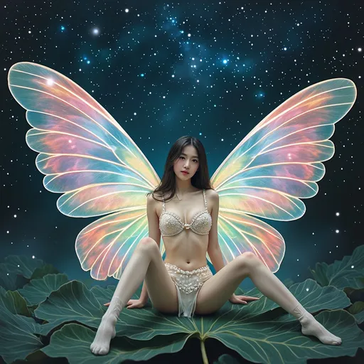 Prompt: fantastic fantasy art, young korean woman with gigantic colourful semi-transparent fairy wings, tight pearly outfit (short skirt, crop-top, belly-baring, decollete), Sitting on a leaf with spreded wide open legs, arms casually resting on her knees, beaded white decorated stockings, dark night with a magnificent starry sky in the background, hard spotlight lighting giving the picture a certain drama.
Thighs visible, Wearing a garter belt,  splash art, hyper detailed, ultra realistic, highly detailed, surreal heavy mist, AI defined exquisitely beautiful, totally ultra realistic young adult Korean, gorgeously detailed facial features, sumptuous cleavage, perfect body proportions, ultra pale, ultra glamorous, perfect shading, impeccable contrast, HDR, UHD, high res, 64k