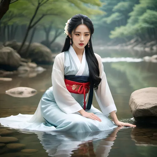 Prompt: natural hot gorgeous female model, ancient korean, huge cleavage, longa wet gown, large long black hair, kneeling, crawling on all fours, frontal body view, body in the water, forest river, fog, depth of view, natural lighting, korean traditional Hanbok