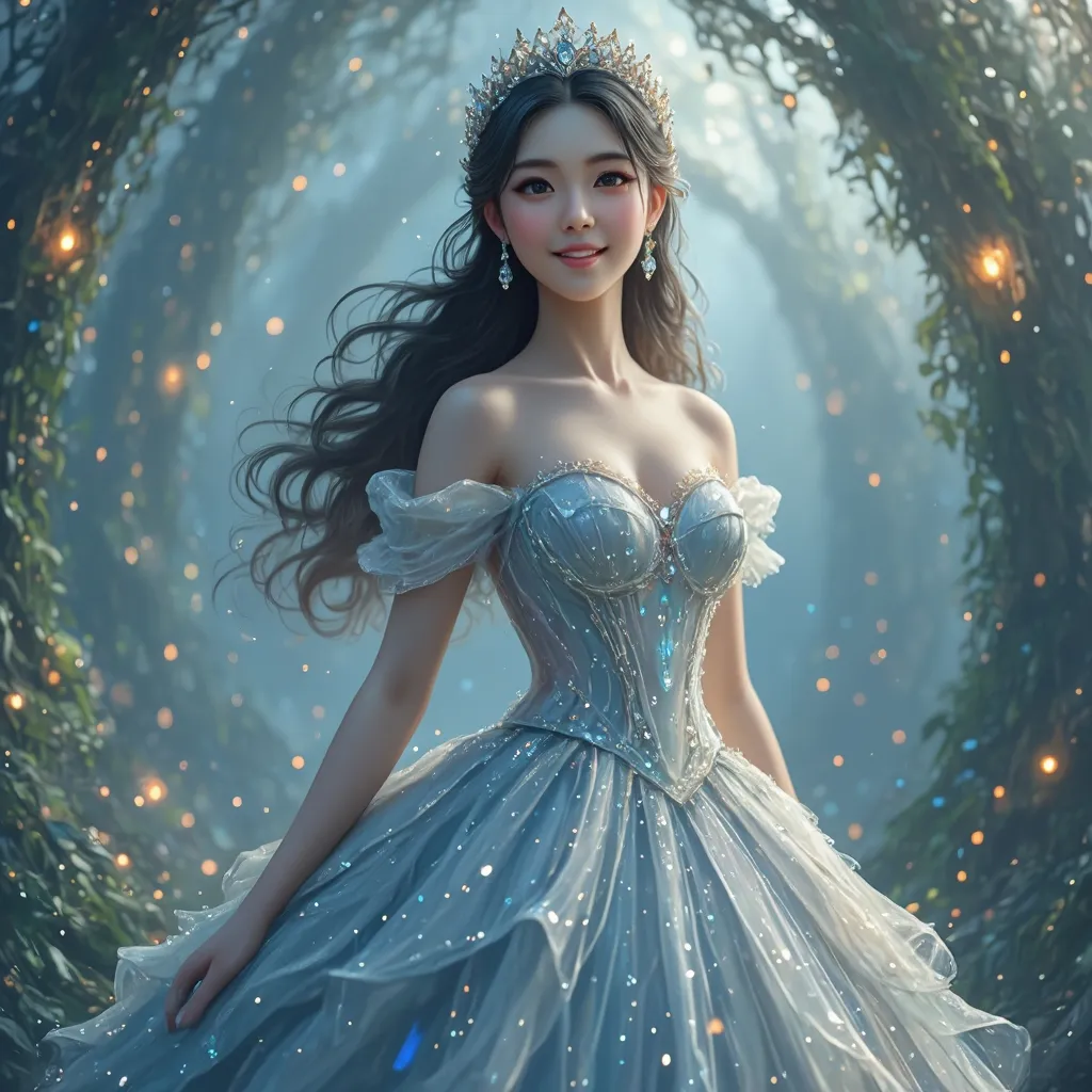 Prompt: princess, (elegant and regal) gown, shimmering (mesh dress accents), intricate (gemstone embroideries), radiant tiara, gentle smile, flowing hair, (whimsical background) featuring enchanted forest, soft golden glowing lights, serene ambiance, (highly detailed) 4K resolution, full body shot, (captivating color tones) harmonizing blues and greens, enchanting atmosphere, low angle perspective for grandeur.
pale skin, pure appearance, pure face, dazzlingly beautiful appearance, deep cleavage, AI defined exquisitely beautiful, totally ultra realistic young adult Korean, gorgeously detailed facial features, sumptuous cleavage, perfect body proportions, ultra pale, ultra glamorous, perfect shading, impeccable contrast, HDR, UHD, high res, 64k