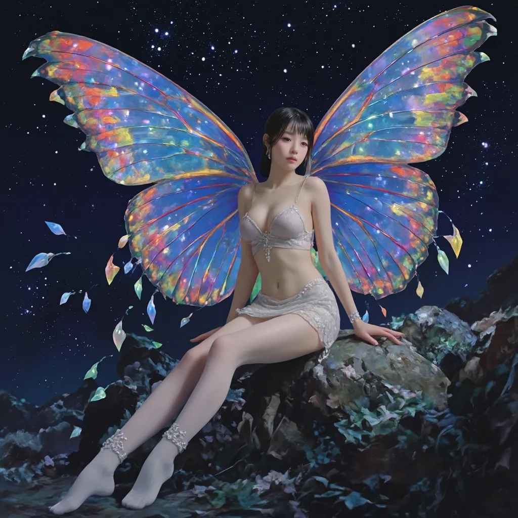 Prompt: fantastic fantasy art, young korean woman with gigantic colourful semi-transparent fairy wings, tight pearly outfit (short skirt, crop-top, belly-baring, decollete), sitting on a rock with spreded wide open legs, arms casually resting on her knees, beaded white decorated stockings, chubby thighs, dark night with a magnificent starry sky in the background, hard spotlight lighting giving the picture a certain drama.
AI defined exquisitely beautiful, totally ultra realistic young adult Korean, gorgeously detailed facial features, sumptuous cleavage, perfect body proportions, ultra pale, ultra glamorous, perfect shading, impeccable contrast, HDR, UHD, high res, 64k