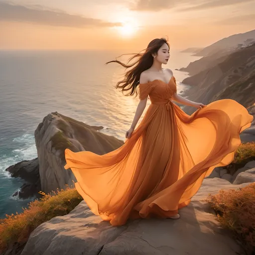 Prompt: (Beautiful korean woman), elegant long flowing gossamer dress, dramatic wind-blown movement, perched on a rugged cliff top, vibrant sunset colors illuminating the sky, serene sea and beach below, warm golden hues, breathtaking scenery, soft romantic ambiance, vivid details, high depth cinematic masterpiece, ultra-detailed, atmospheric setting.