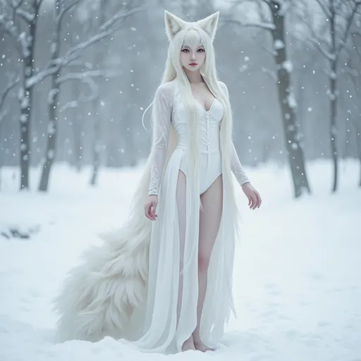 Prompt: Gumiho, human-shaped nine-tailed fox, beautiful appearance, captivating appearance, bewitching expression, dazzlingly beautiful face, pale skin, white hair, white clothes, full body, no shoes, bare feet, side view, nine tails, soft tail hair, shiny tail hair, 
enchanting atmosphere, cold winter day, snow, snow sparkling, 
totally ultra realistic young adult Korean, gorgeously detailed facial features, sumptuous cleavage, perfect body proportions, ultra pale, ultra glamorous, perfect shading, impeccable contrast, HDR, UHD, high res, 64k