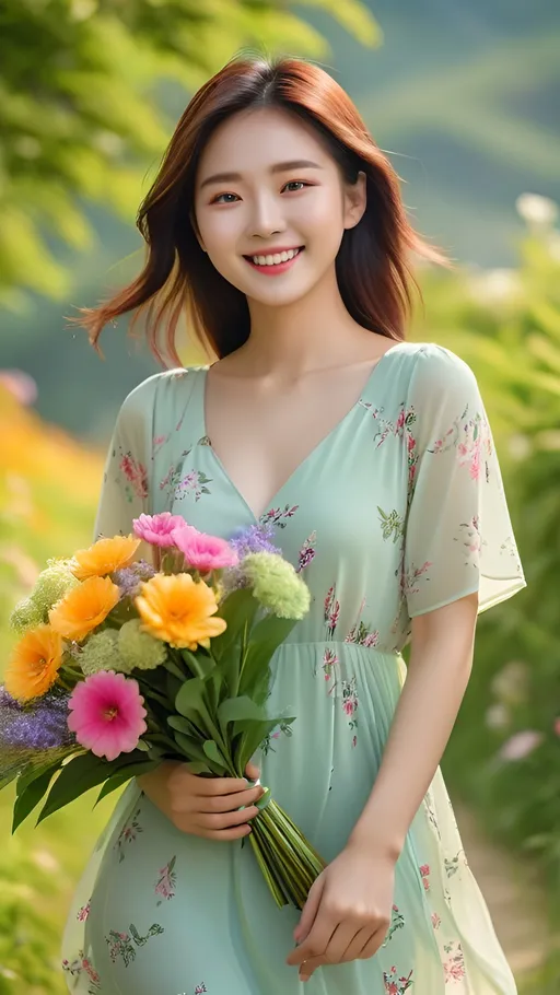 Prompt: A beautiful Korean woman in her 20s holding flowers and smiling brightly