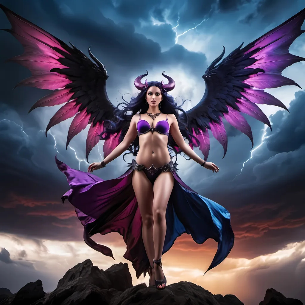 Prompt: A succubus in the form of a 20-something innocent and gentle-looking woman and a fallen angel with an evil expression are fighting each other. 
They are flying in the sky. 
Full body photo