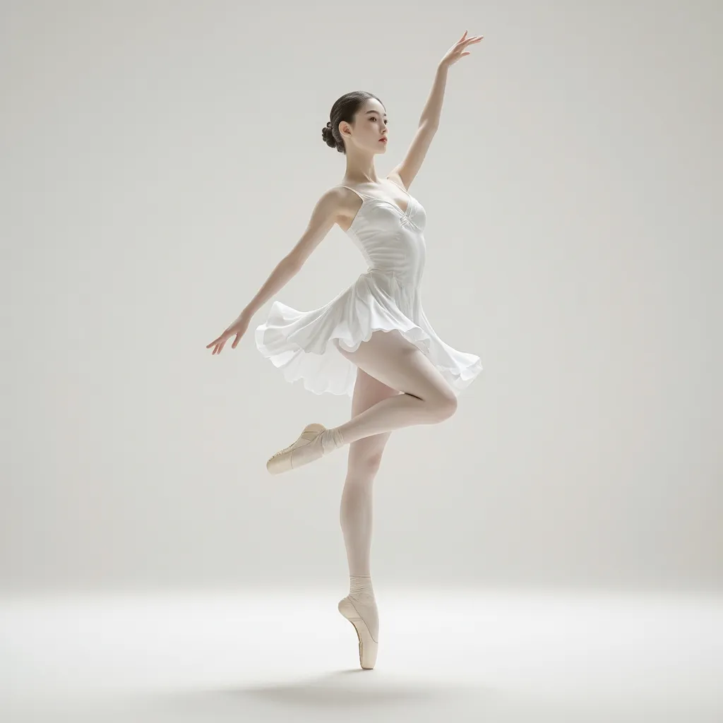 Prompt: Full body of a woman dancing, 
a woman in a white dress is dancing on a dance floor with a light background and a spotlight in the background, Chen Jiru, arabesque, elegant pose, a marble sculpture, A ballet move where you jump with your legs apart, 
AI defined exquisitely beautiful, totally ultra realistic young Korean, gorgeously detailed facial features, sumptuous cleavage, perfect body proportions, ultra pale, ultra glamorous, perfect shading, impeccable contrast, HDR, UHD, high res, 64k