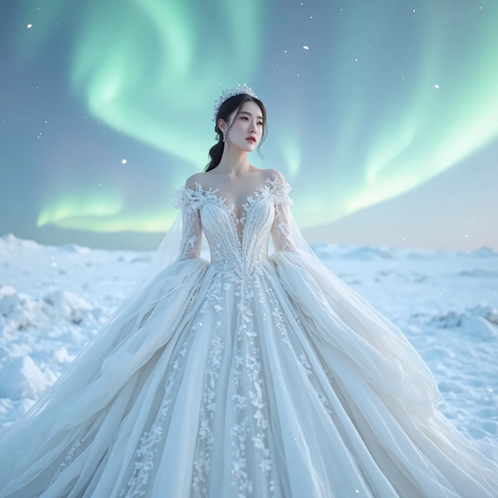 Prompt: (A full body image)A young, beautiful Northeast Asia woman wearing A beautiful winter bridal gown designed for cold weather. Taking a bridal photoshoot in the snowy Arctic with the Northern Lights in the background.
hyper detailed, ultra realistic, highly detailed, AI defined exquisitely beautiful, totally ultra realistic young adult Korean, gorgeously detailed facial features, sumptuous cleavage, perfect body proportions, ultra pale, ultra glamorous, perfect shading, impeccable contrast, HDR, UHD, high res, 64k