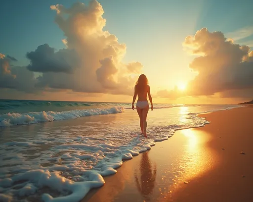 Prompt: walking barefoot on a serene shoreline, beneath a breathtaking sky, exquisite artistic clouds forming an enchanting backdrop, warm sun casting golden hues on the water, tranquil ambiance, gentle waves lapping at the sand, ultra-detailed, cinematic quality, emotionally captivating scene, inviting and dreamy atmosphere.