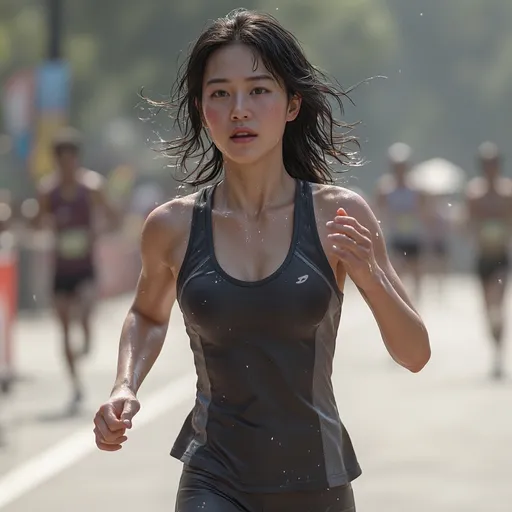 Prompt: A slender girl in her 20s wearing a tight tank top and hot pants,
She is running in a marathon.
She is sweating. Sweat is running down her face, sweat is running down her body, her clothes are soaked with sweat. Her hair is soaked with sweat. She is wiping the sweat while running.
hyper detailed, ultra realistic, highly detailed, AI defined exquisitely beautiful, totally ultra realistic young adult Korean, gorgeously detailed facial features, sumptuous cleavage, perfect body proportions, ultra pale, ultra glamorous, perfect shading, impeccable contrast, HDR, UHD, high res, 64k