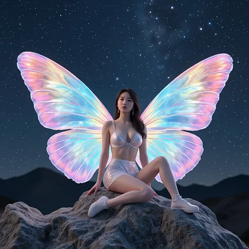 Prompt: fantastic fantasy art, young korean woman with gigantic colourful semi-transparent fairy wings, tight pearly outfit (short skirt, crop-top, belly-baring, decollete), sitting on a rock with spreded wide open legs, arms casually resting on her knees, beaded white decorated stockings, chubby thighs, dark night with a magnificent starry sky in the background, hard spotlight lighting giving the picture a certain drama.
AI defined exquisitely beautiful, totally ultra realistic young adult Korean, gorgeously detailed facial features, sumptuous cleavage, perfect body proportions, ultra pale, ultra glamorous, perfect shading, impeccable contrast, HDR, UHD, high res, 64k