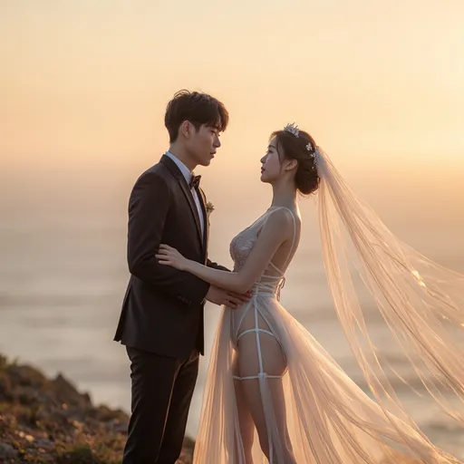 Prompt: Sunset over the sea, sunset, warm feeling,
A Korean groom and bride are having their wedding photoshoot on a windy hill above the sea. 

The groom is holding the bride's waist with one hand.
The groom is wearing a tight-fitting suit.

The bride is wearing a see-through mini wedding dress.
She is wearing stockings, a garter belt, and a veil.
The veil and dress are blowing in the wind.
hyper detailed, ultra realistic, highly detailed, AI defined exquisitely beautiful, totally ultra realistic young adult Korean, gorgeously detailed facial features, perfect body proportions, ultra pale, ultra glamorous, HDR, UHD, high res, 64k, cinematic lighting, special effects, hd octaneArtgerm
