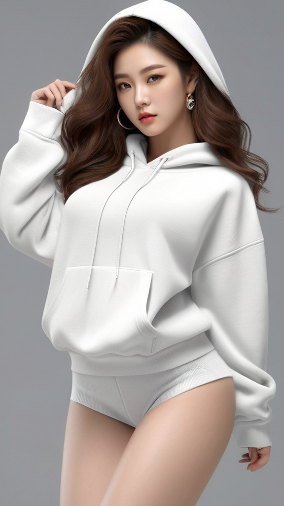 Prompt: No bottoms, 
oversized hoodie that reaches down to the knees, Squatting, 
Outfit that emphasizes her glamorous body, full body, huge chest. AI defined exquisitely beautiful, totally ultra realistic young adult Korean, gorgeously detailed facial features, perfect body proportions, ultra pale, ultra glamorous, perfect shading, impeccable contrast, HDR, UHD, high res, 64k