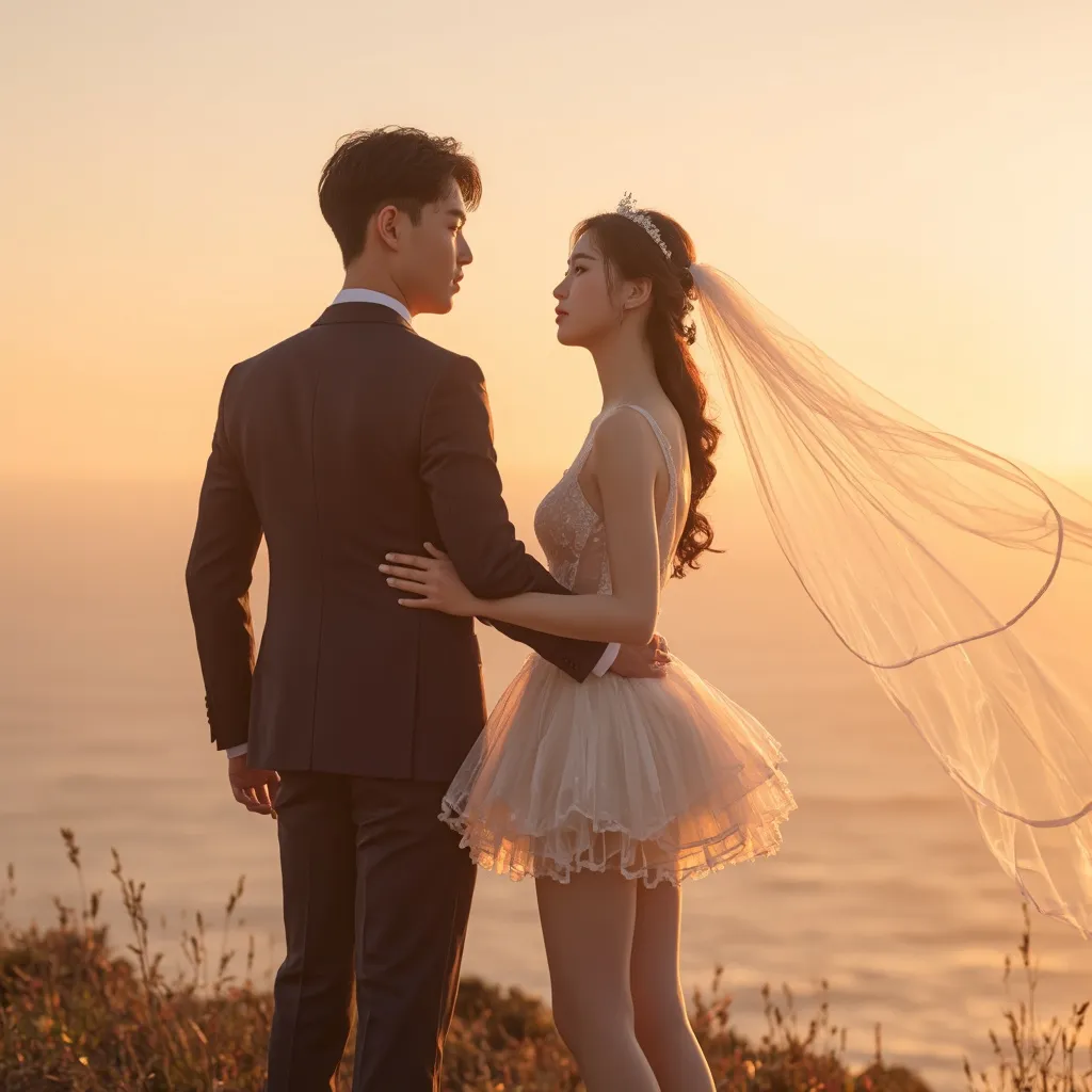 Prompt: Sunset over the sea, sunset, warm feeling,
A Korean groom and bride are having their wedding photoshoot on a windy hill above the sea. 

The groom is holding the bride's waist with one hand.
The groom is wearing a tight-fitting suit.

The bride is wearing a see-through mini wedding dress.
She is wearing stockings, a garter belt, and a veil.
The veil and dress are blowing in the wind.
hyper detailed, ultra realistic, highly detailed, AI defined exquisitely beautiful, totally ultra realistic young adult Korean, gorgeously detailed facial features, perfect body proportions, ultra pale, ultra glamorous, HDR, UHD, high res, 64k, cinematic lighting, special effects, hd octaneArtgerm