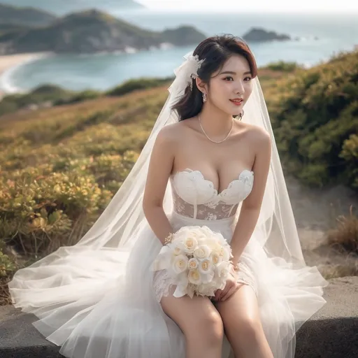 Prompt: Cute and glamorous 20-something Korean woman, very beautiful, baby face
Photoshoot wearing see-through mini wedding dress, garter belt, and high heels
Smiling expression
Outfit that emphasizes glamorous body
Clothing is a bit small
Chest sticks out
Holding a small bouquet in one hand.
Photoshoot on a windy seaside hill.
Skirt and veil blowing in the wind
Sitting on a bench with legs slightly spread
Thighs visible
Wearing a garter belt
splash art, hyper detailed, ultra realistic, highly detailed, surreal heavy mist, AI defined exquisitely beautiful, totally ultra realistic young adult Korean, gorgeously detailed facial features, sumptuous cleavage, perfect body proportions, ultra pale, ultra glamorous, perfect shading, impeccable contrast, HDR, UHD, high res, 64k