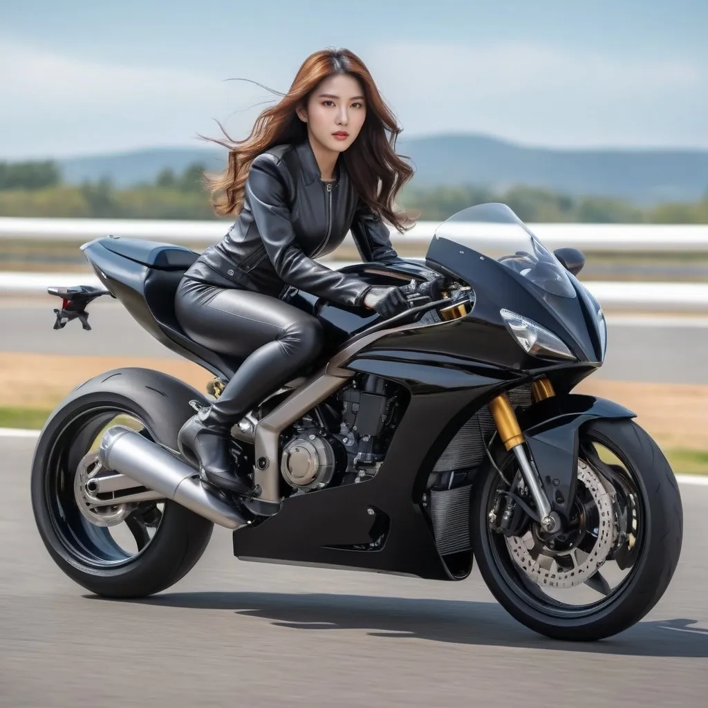 Prompt: A 20-something long-haired woman wearing a full body leather suit riding a superbike, 
AI defined exquisitely beautiful, totally ultra realistic young adult Korean, gorgeously detailed facial features, sumptuous cleavage, perfect body proportions, ultra pale, ultra glamorous, perfect shading, impeccable contrast, HDR, UHD, high res, 64k