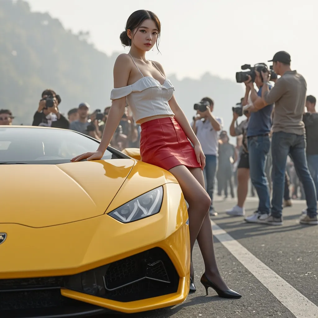 Prompt: Racing girl taking pictures leaning against Lamborghini, model pose, many cameras around, pure look, innocent look, pale skin, cute face, baby face, stockings and tight off-shoulder one-piece skirt, 
hyper detailed, ultra realistic, highly detailed, surreal heavy mist, AI defined exquisitely beautiful, totally ultra realistic young adult Korean, gorgeously detailed facial features, sumptuous cleavage, perfect body proportions, ultra pale, ultra glamorous, perfect shading, impeccable contrast, HDR, UHD, high res, 64k