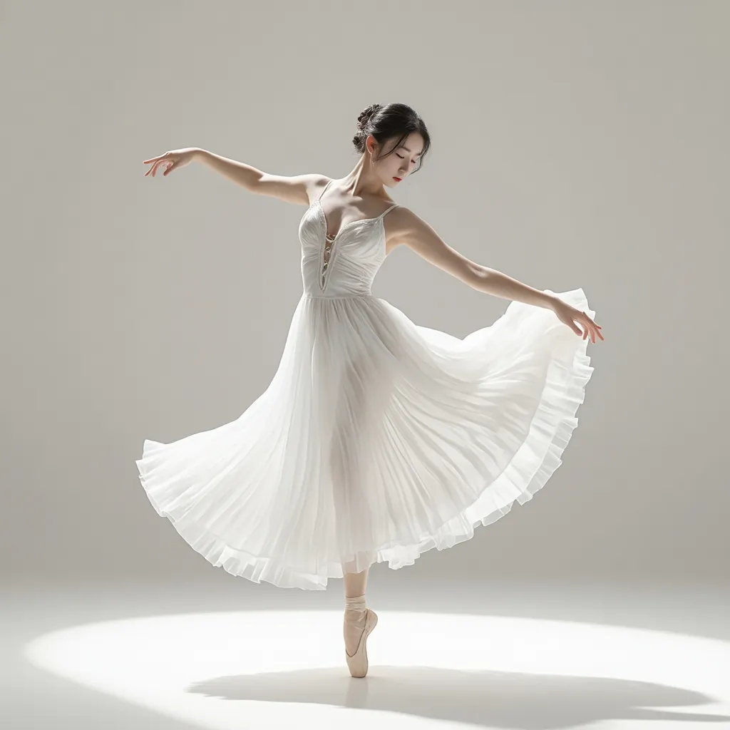Prompt: Full body of a woman dancing, 
a woman in a white dress is dancing on a dance floor with a light background and a spotlight in the background, Chen Jiru, arabesque, elegant pose, a marble sculpture, A ballet move where you jump with your legs apart, The silhouette of the body is revealed in the light.
AI defined exquisitely beautiful, totally ultra realistic young Korean, gorgeously detailed facial features, sumptuous cleavage, perfect body proportions, ultra pale, ultra glamorous, perfect shading, impeccable contrast, HDR, UHD, high res, 64k