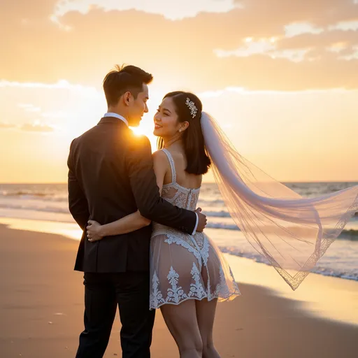 Prompt: Sunset over the sea, sunset, warm feeling,
A Korean groom and bride are having their wedding photoshoot on a windy beach. 

The groom is holding the bride's waist with one hand.
The groom is wearing a tight-fitting suit.

The bride is wearing a see-through mini wedding dress.
She is wearing stockings, a garter belt, and a veil.
The veil and dress are blowing in the wind.
hyper detailed, ultra realistic, highly detailed, AI defined exquisitely beautiful, totally ultra realistic young adult Korean, gorgeously detailed facial features, perfect body proportions, ultra pale, ultra glamorous, HDR, UHD, high res, 64k, cinematic lighting, special effects, hd octaneArtgerm
